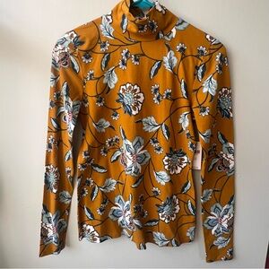 Anthropologie Maeve Fitted Yellow Long Sleeve Blouse with Floral Design